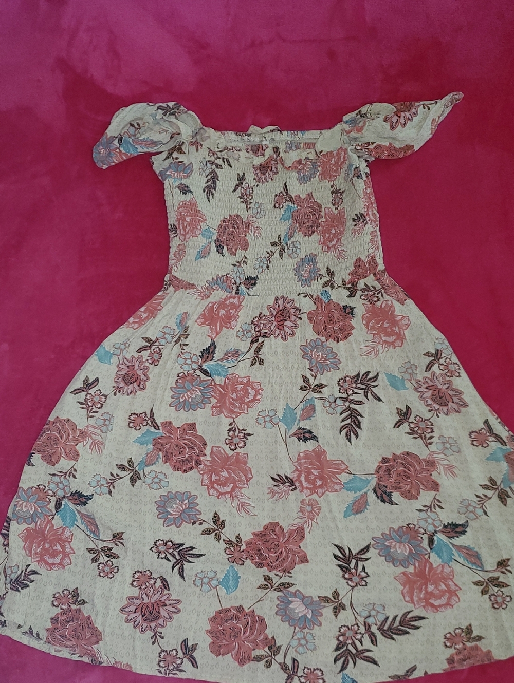 Maurices Cream Floral Smocked Dress with Pink & Blue Blooms